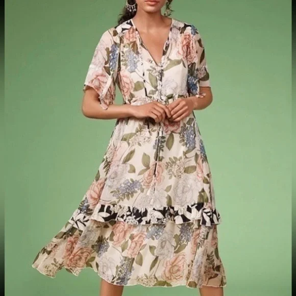 Johnny Was Jade Marion Silk Floral-Print Midi Dress NWT RARE